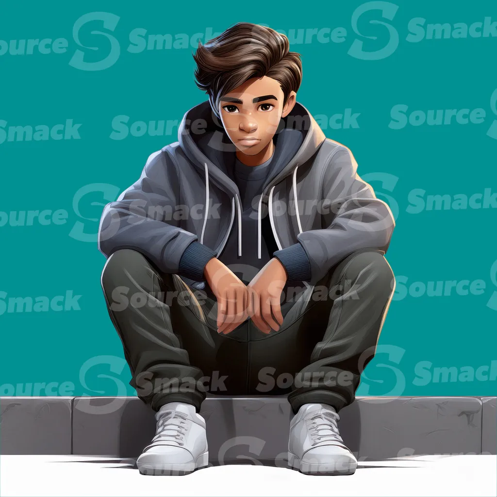 A young black teen looking sad sitting on a curb clipped as a transparent image