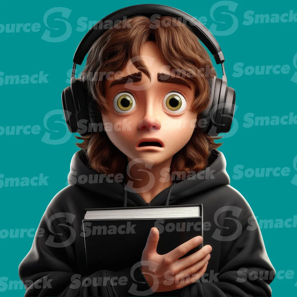A scared young male teen wearing headphones holding a book clipped as a transparent image