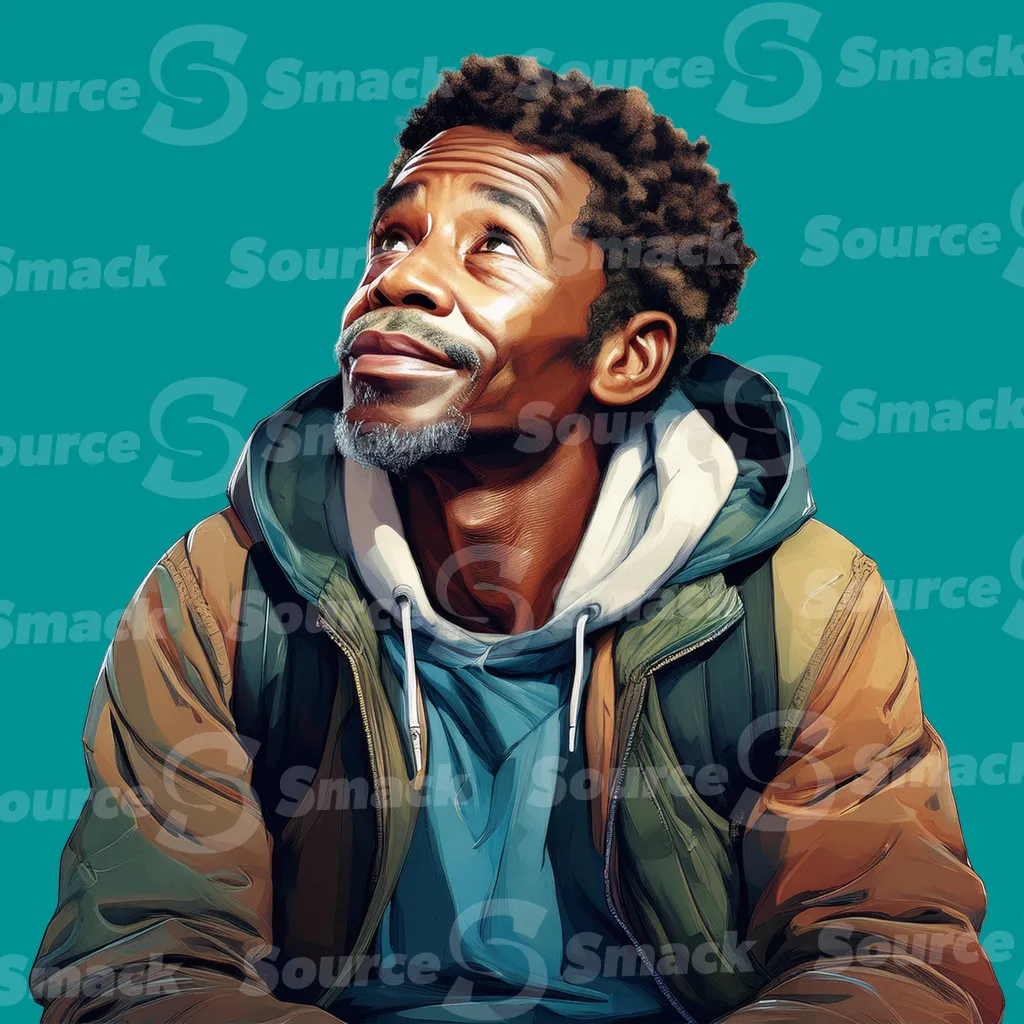 A black homeless man feeling hopeless as he looks upwards clipped as a transparent image