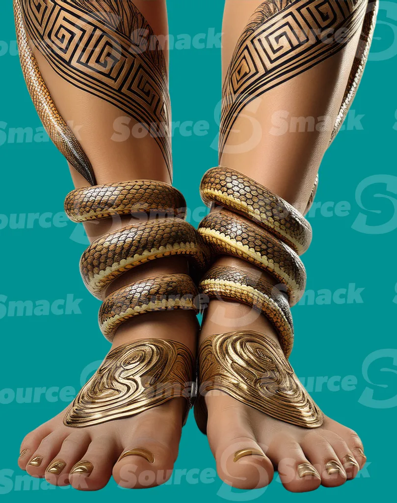 A snake wrapped around a aztek woman’s legs and bare feet clipped as a transparent image