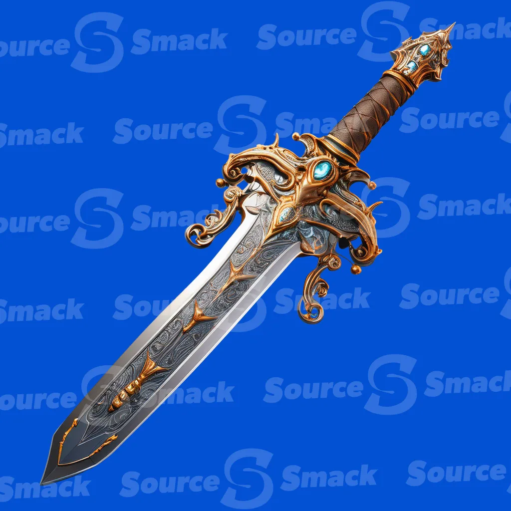 An intricately designed fantasy sword, adorned with gold accents, turquoise gemstones, and elaborate carvings clipped as a transparent image