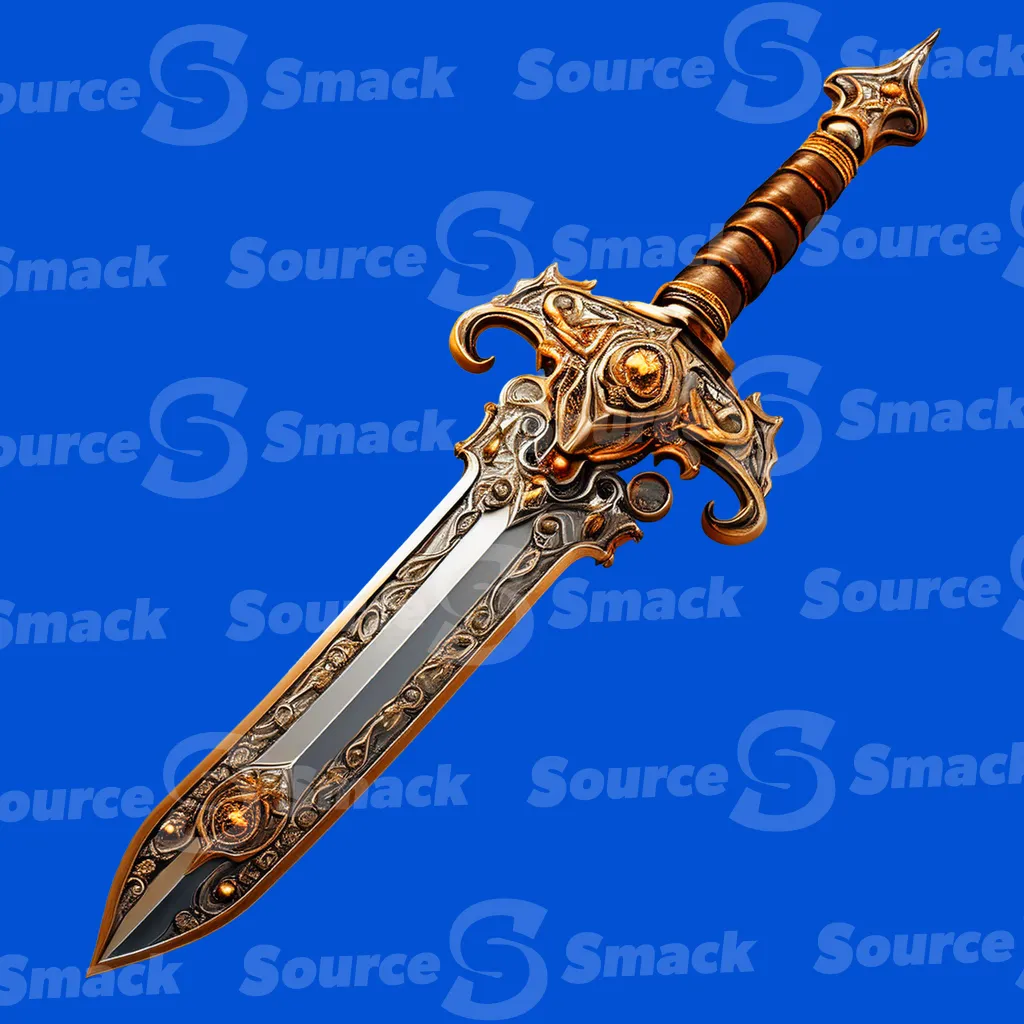An intricately designed fantasy sword, adorned with gold accents and elaborate carvings clipped as a transparent image