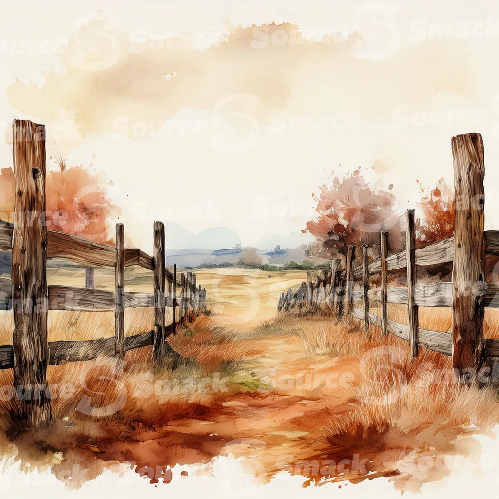 A dirt path winds through a grassy field, bordered by a weathered wooden fence with dark brown posts and horizontal planks with copy space