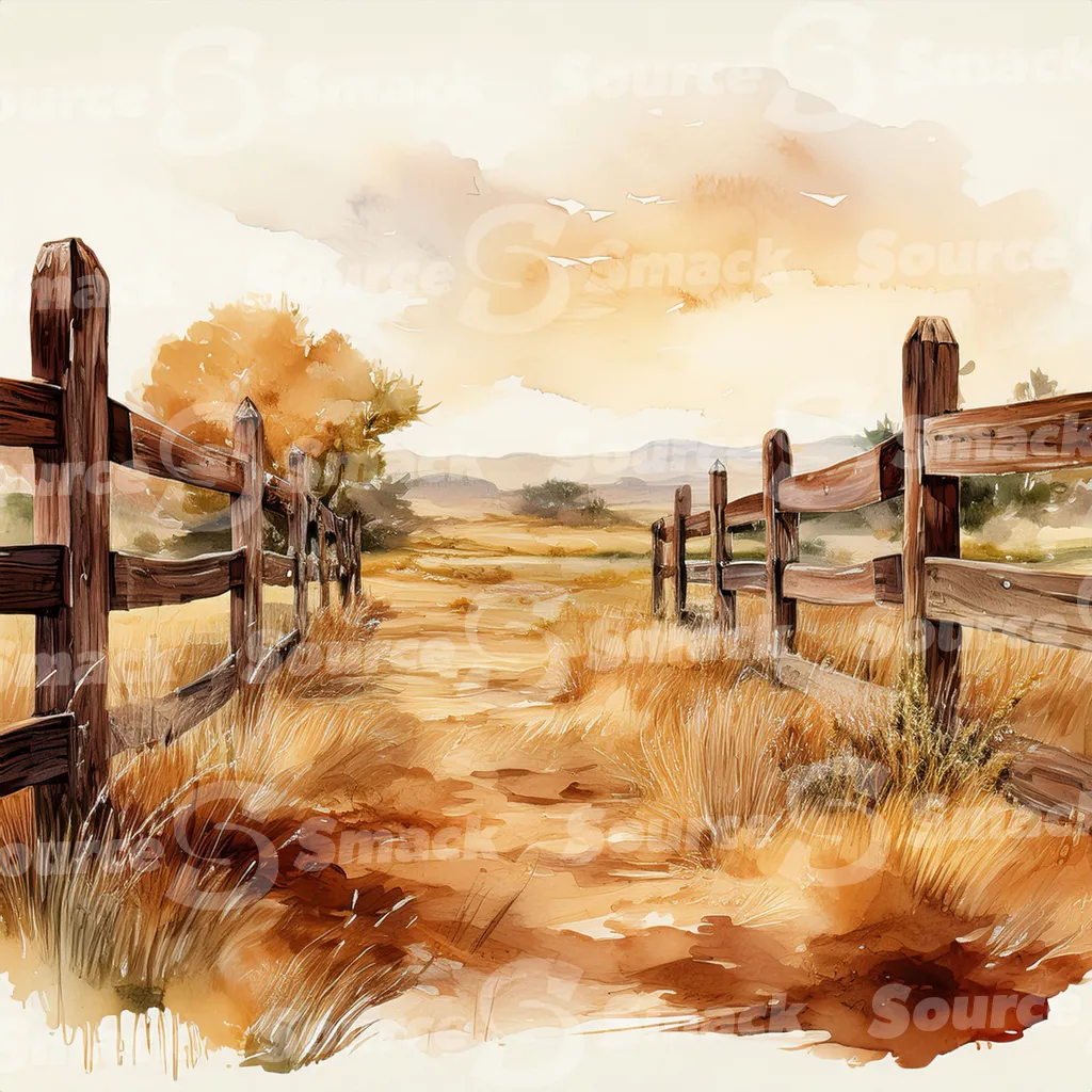A dirt path winds through a grassy field, bordered by a weathered wooden fence with dark brown posts and horizontal planks with copy space
