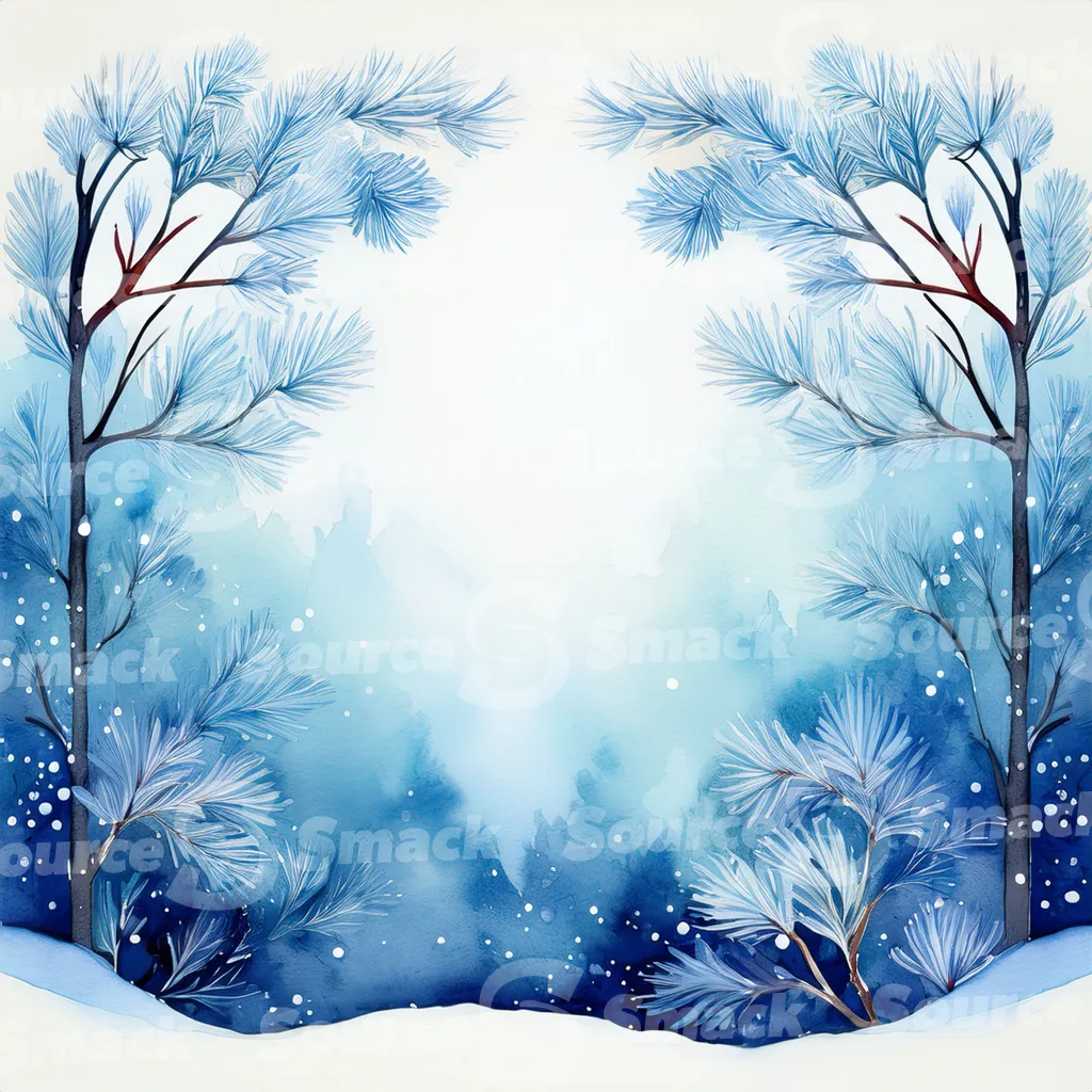 A winter forest scene of snow. Small, frosted bushes and branches are scattered across the snow with copy space.