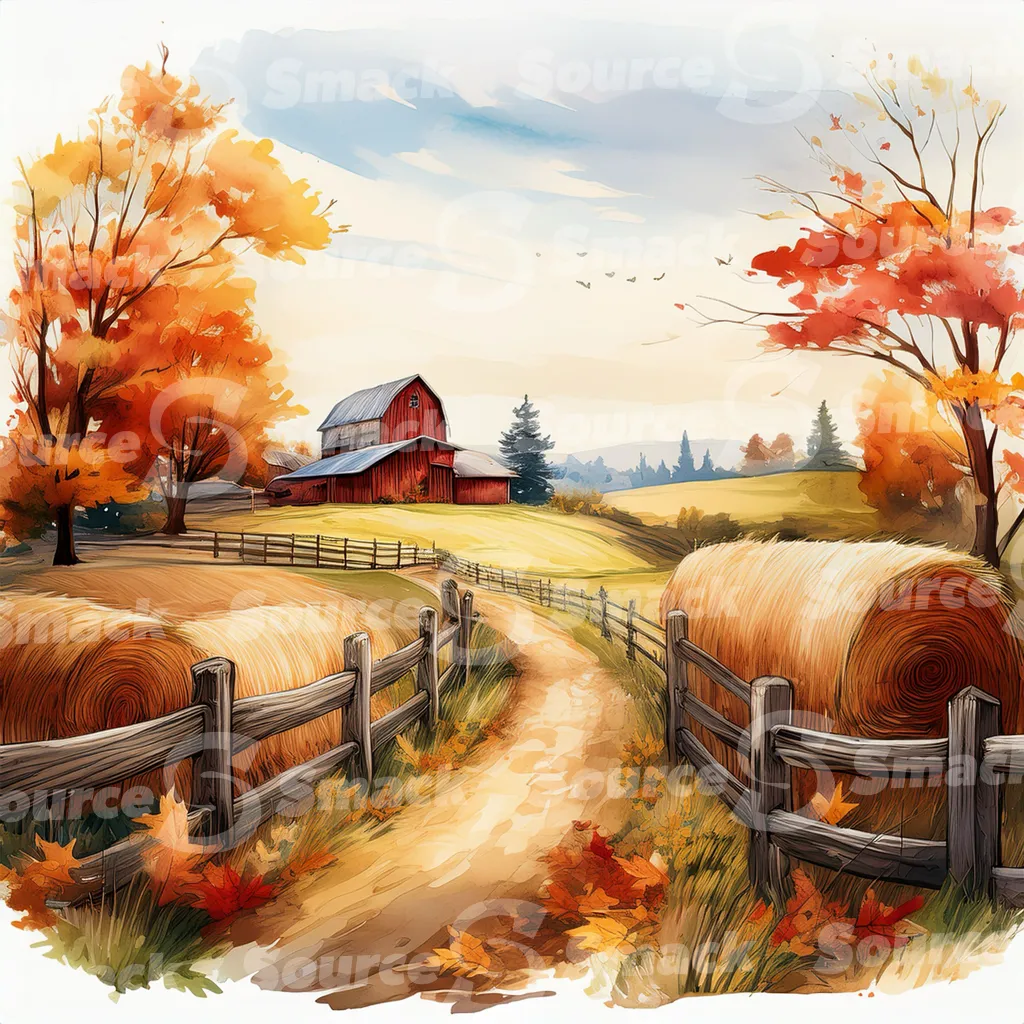 Rustic barn in autumn with a winding dirt road