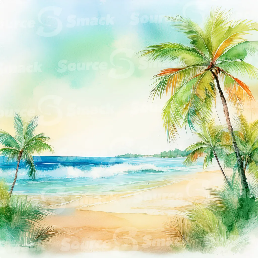 Tropical beach with waves and palm trees with copy space