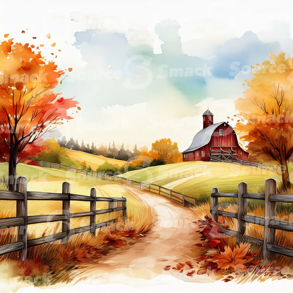 Rustic barn in autumn with a winding dirt road