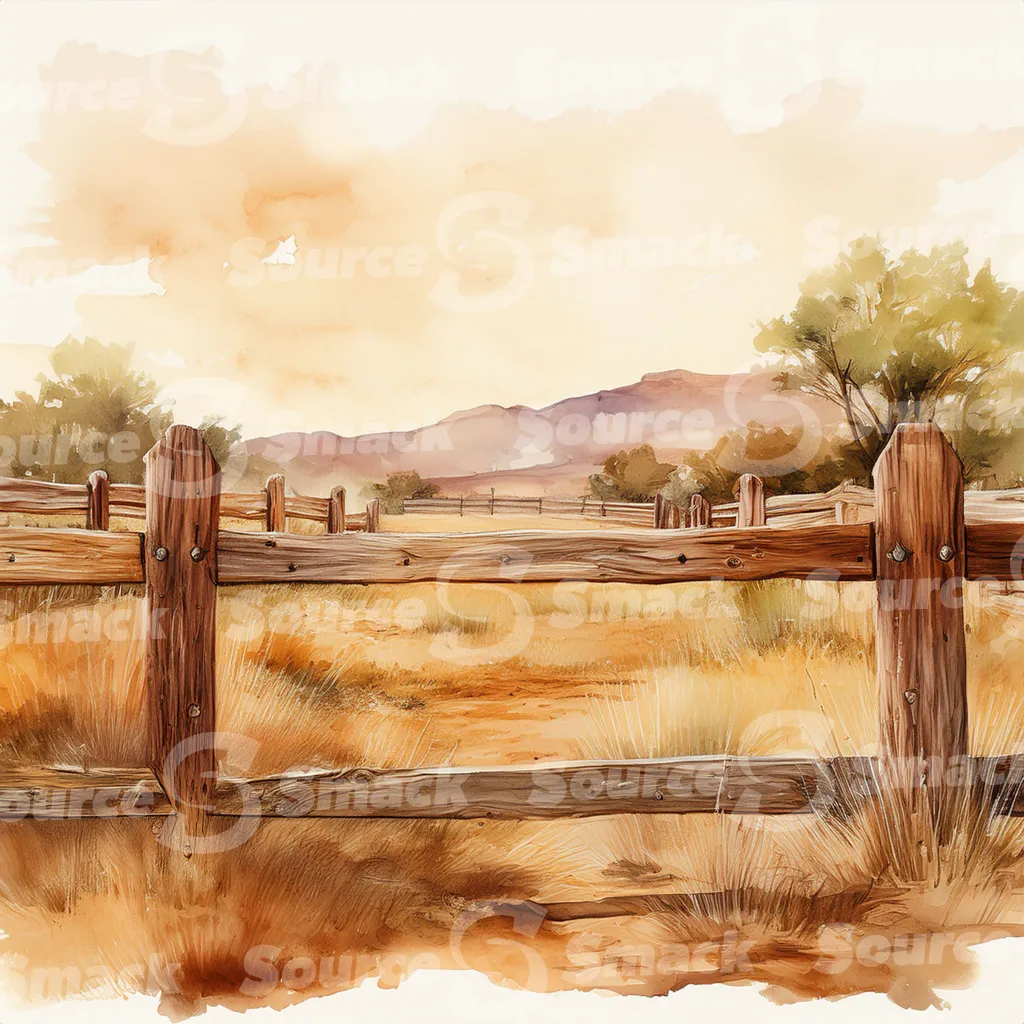 A dirt path winds through a grassy field, bordered by a weathered wooden fence with dark brown posts and horizontal planks with copy space