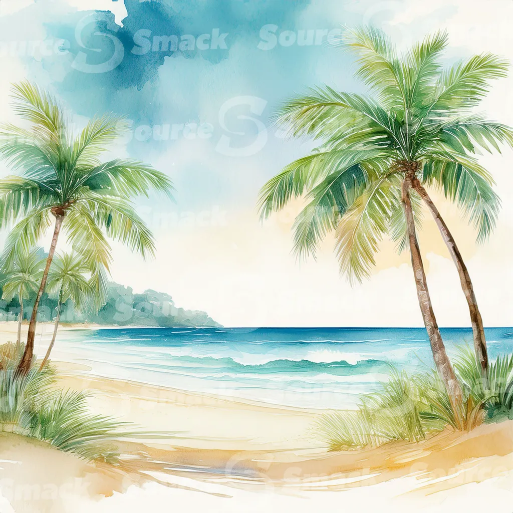 Tropical beach with waves and palm trees with copy space