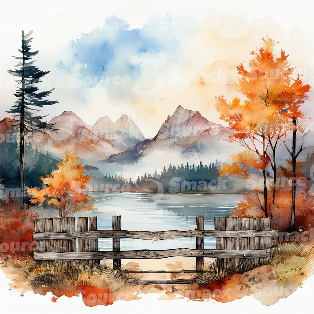 A serene watercolor painting depicts a tranquil autumnal lake scene nestled amidst colorful foliage and mountains, viewed from behind a rustic wooden fence with copy space