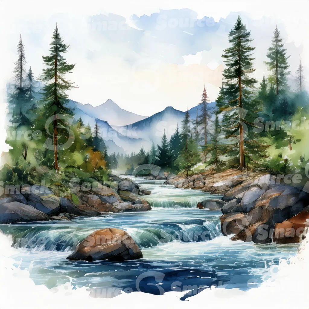 A serene watercolor painting depicts a meandering river flowing through a mountain valley at sunset, surrounded by lush evergreens and rocky banks