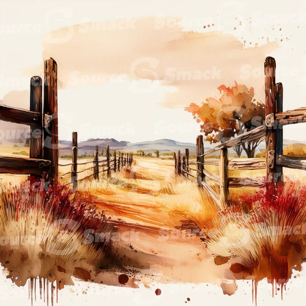 A dirt path winds through a grassy field, bordered by a weathered wooden fence with dark brown posts and horizontal planks with copy space