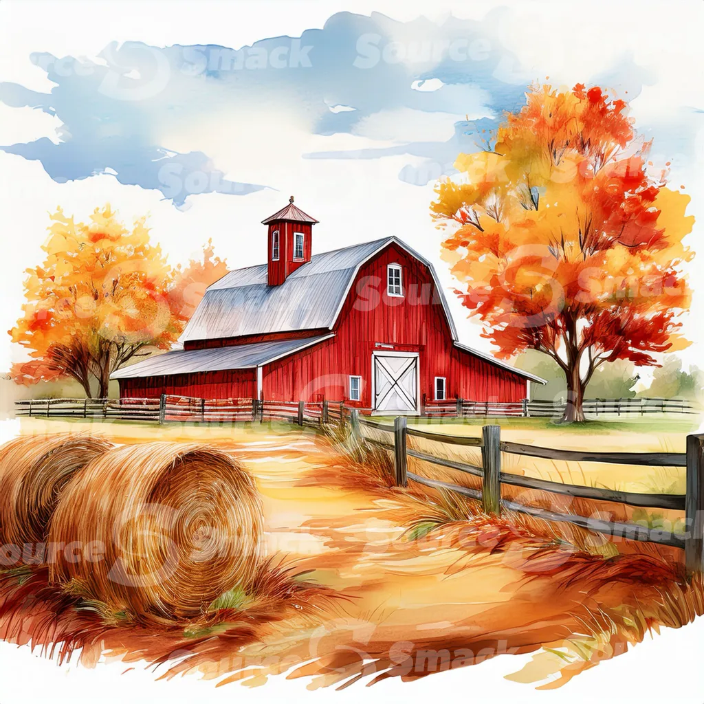 Rustic barn in autumn with a winding dirt road