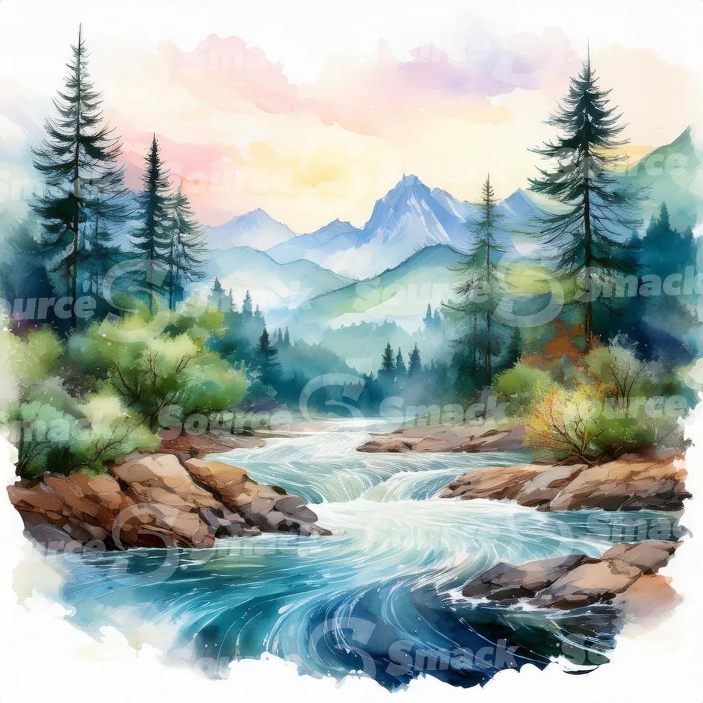 A serene watercolor painting depicts a meandering river flowing through a mountain valley at sunset, surrounded by lush evergreens and rocky banks