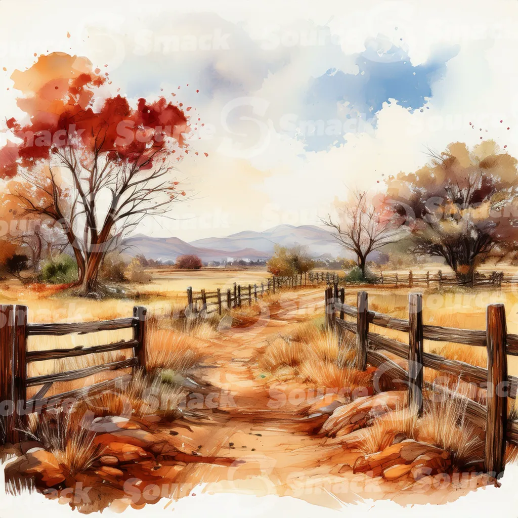 A dirt path winds through a grassy field, bordered by a weathered wooden fence with dark brown posts and horizontal planks with copy space