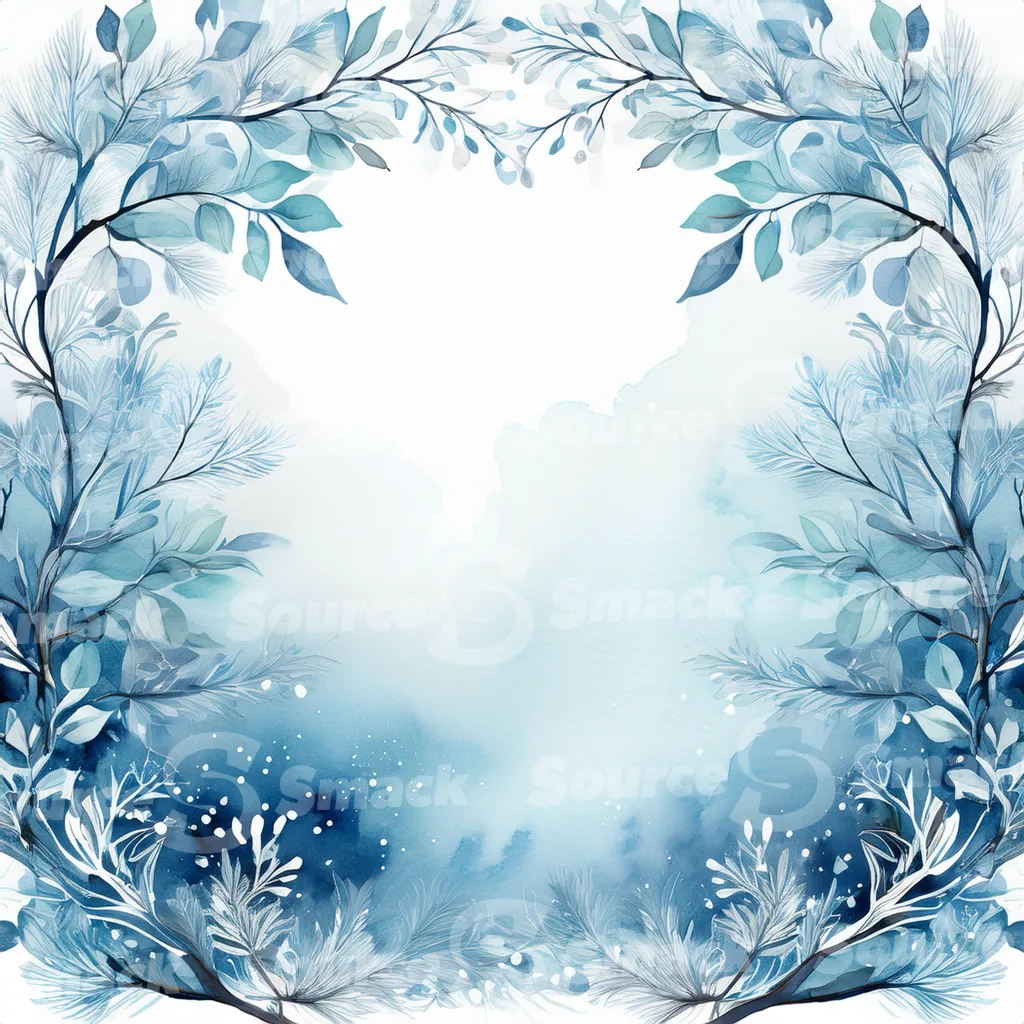 A winter forest scene of snow. Small, frosted bushes and branches are scattered across the snow with copy space.