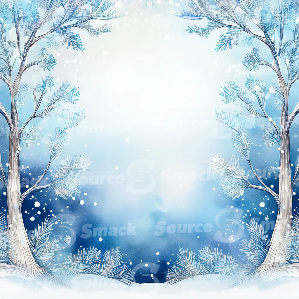 A winter forest scene of snow. Small, frosted bushes and branches are scattered across the snow with copy space.