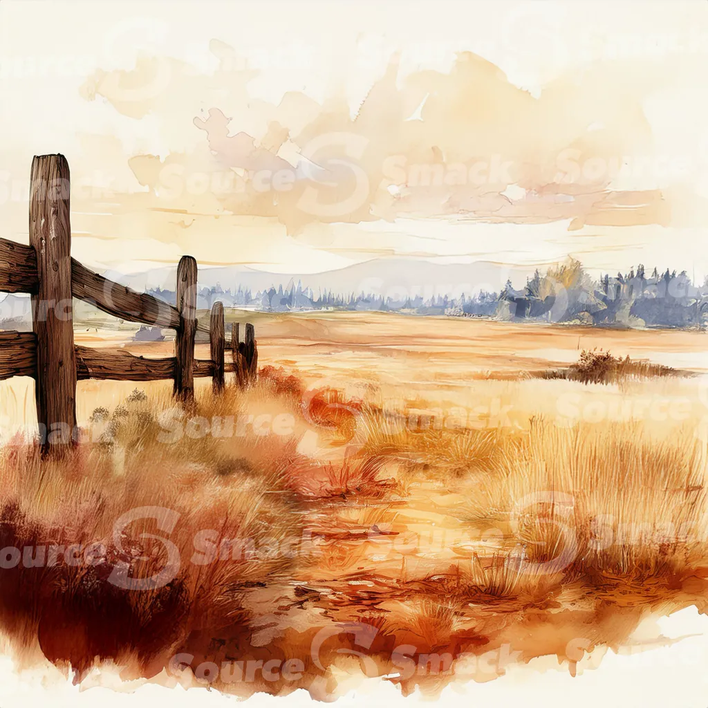 A dirt path winds through a grassy field, bordered by a weathered wooden fence with dark brown posts and horizontal planks with copy space