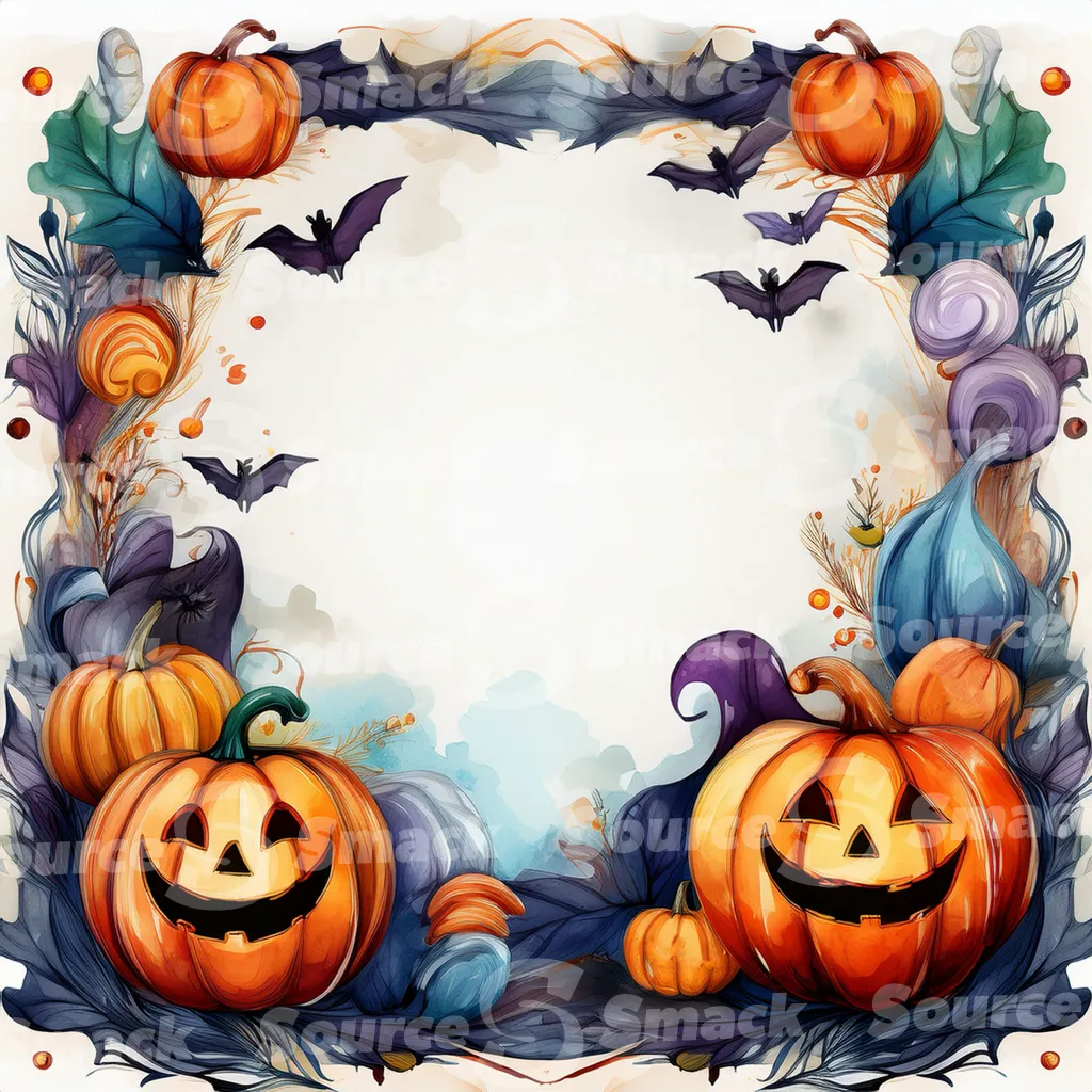 Halloween-themed illustration featuring smiling jack-o'-lanterns, friendly ghosts, and bats with copy space.
