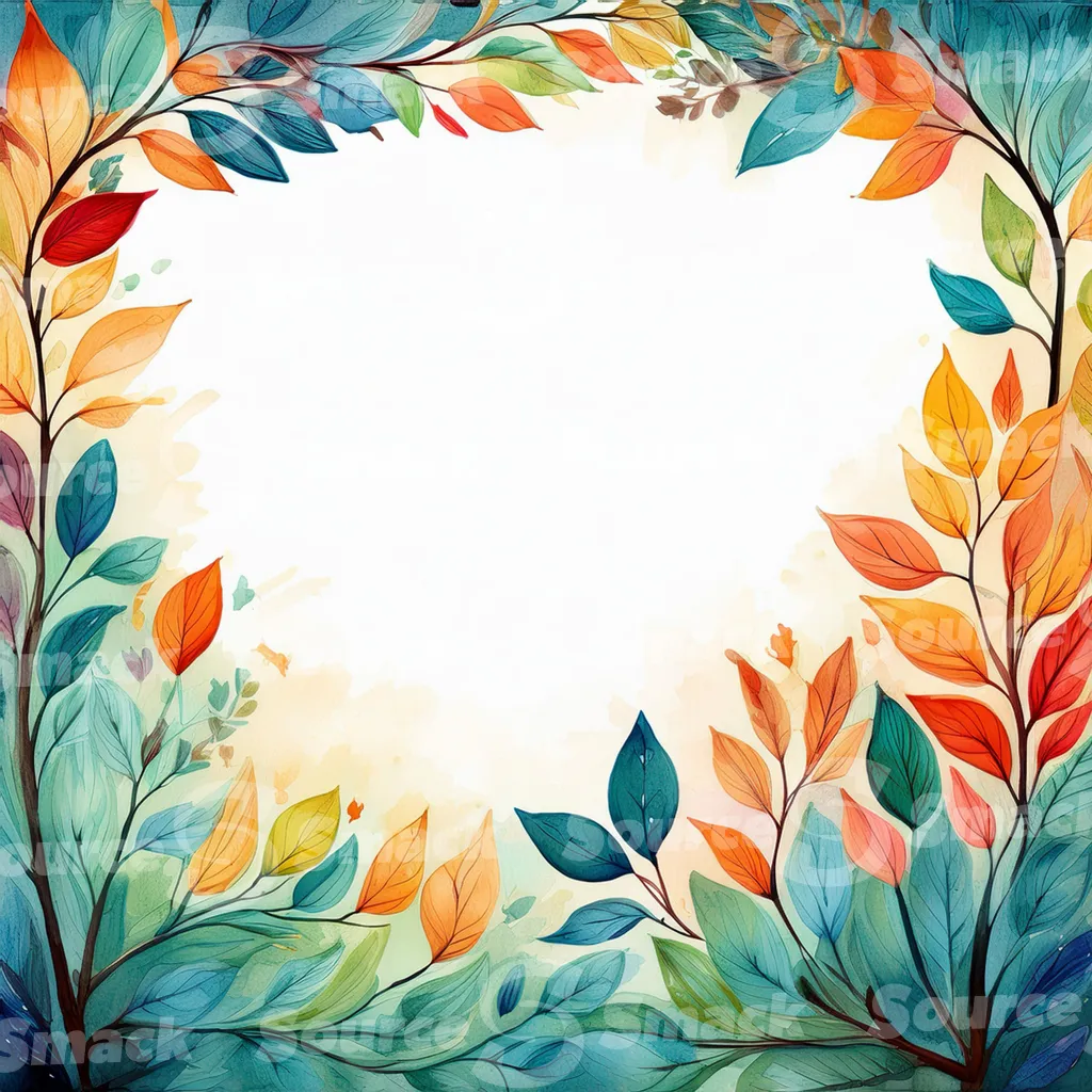 A watercolor-style illustration, featuring stylized tree branches and leaves in various shades of autumnal colors with copy space
