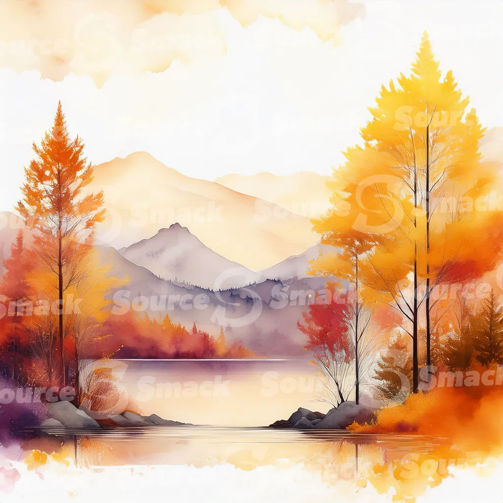 A serene watercolor painting depicts a tranquil autumnal lake scene nestled amidst colorful foliage and mountains, viewed from behind a rustic wooden fence with copy space