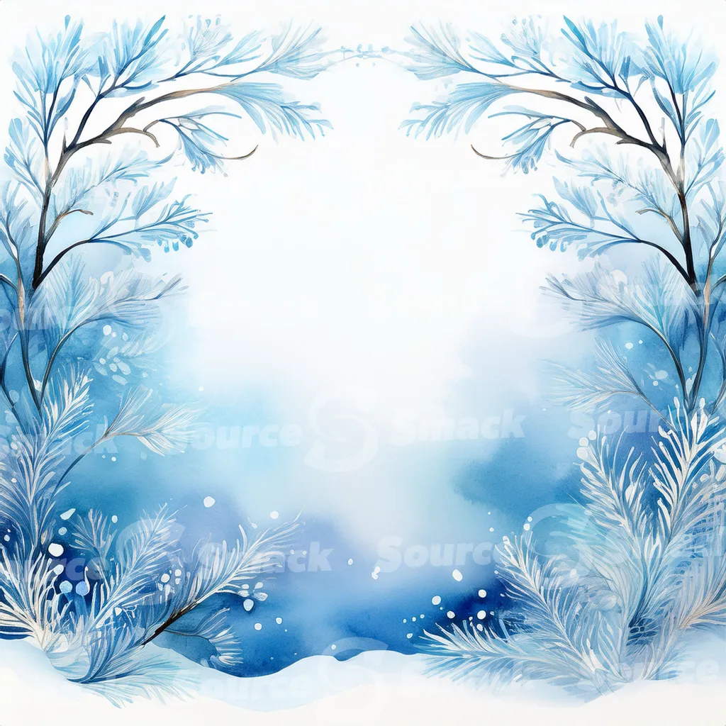 A winter forest scene of snow. Small, frosted bushes and branches are scattered across the snow with copy space.