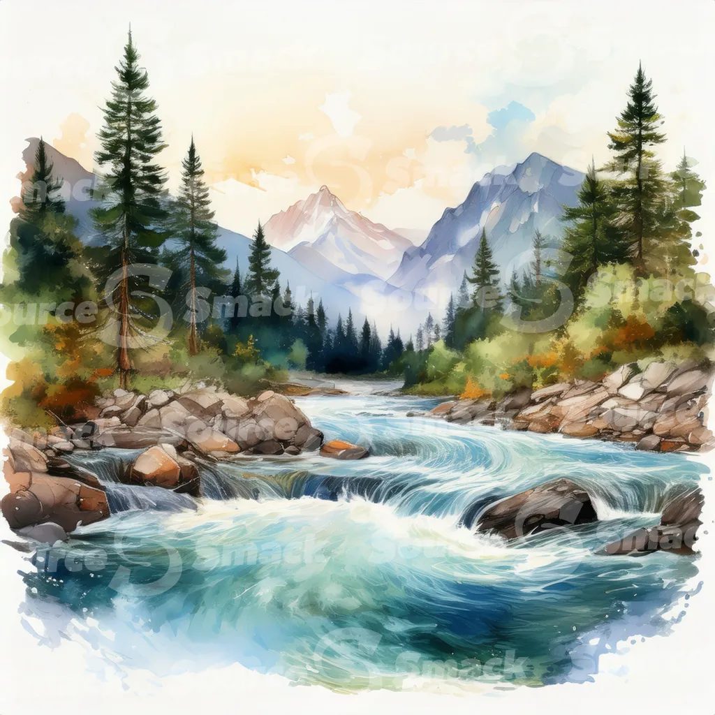 A serene watercolor painting depicts a meandering river flowing through a mountain valley at sunset, surrounded by lush evergreens and rocky banks