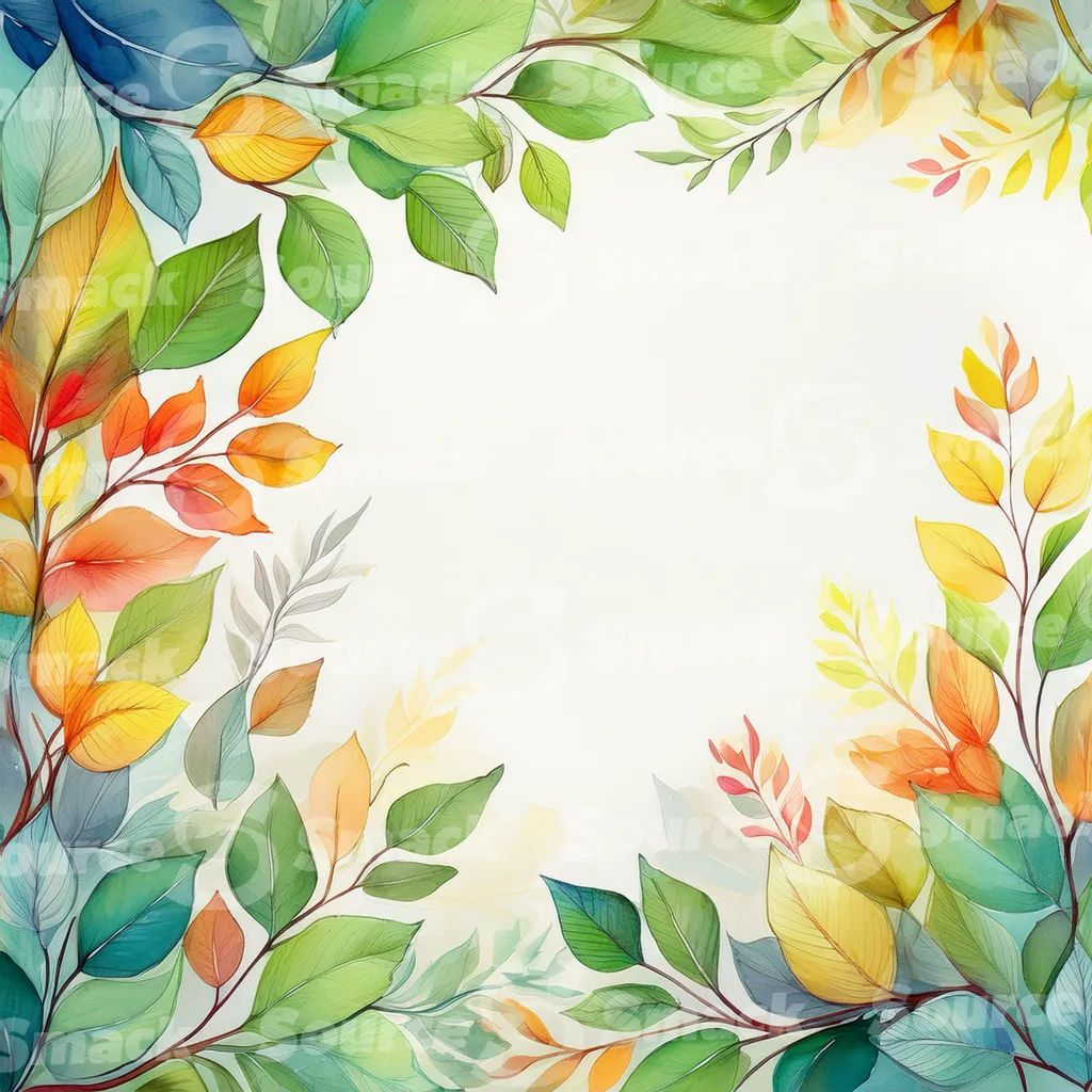 A watercolor-style illustration, featuring stylized tree branches and leaves in various shades of autumnal colors with copy space