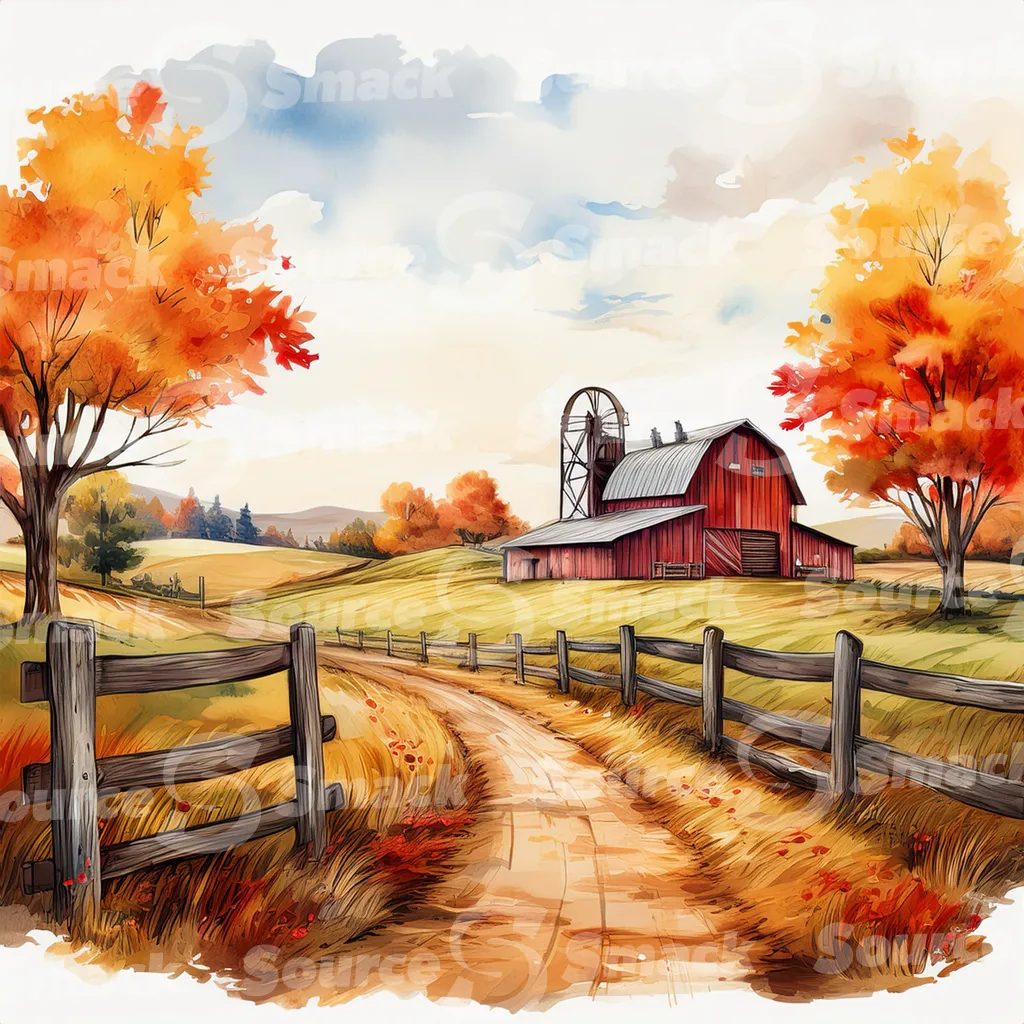 Rustic barn in autumn with a winding dirt road
