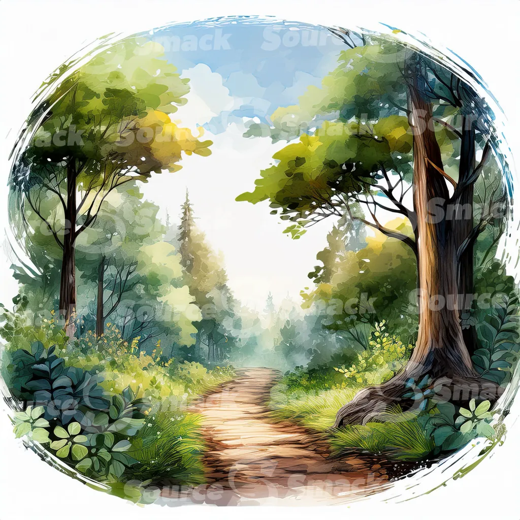 A watercolor painting depicts a pathway winding through a lush forest.