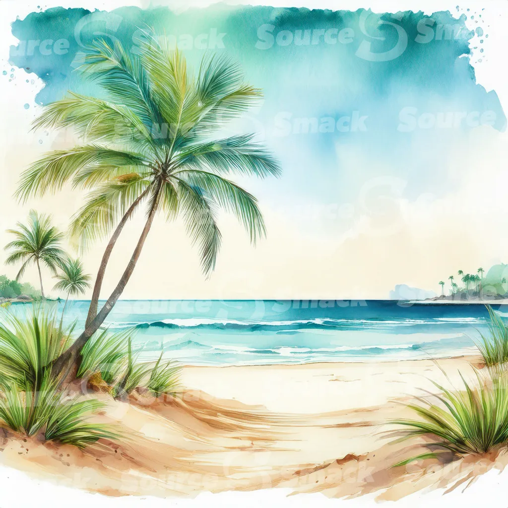 Tropical beach with waves and palm trees with copy space