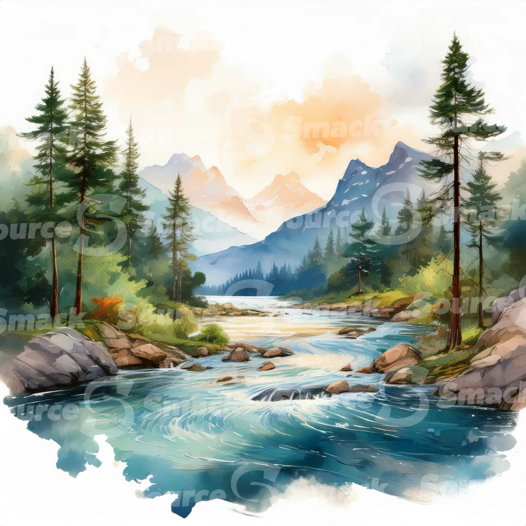 A serene watercolor painting depicts a meandering river flowing through a mountain valley at sunset, surrounded by lush evergreens and rocky banks