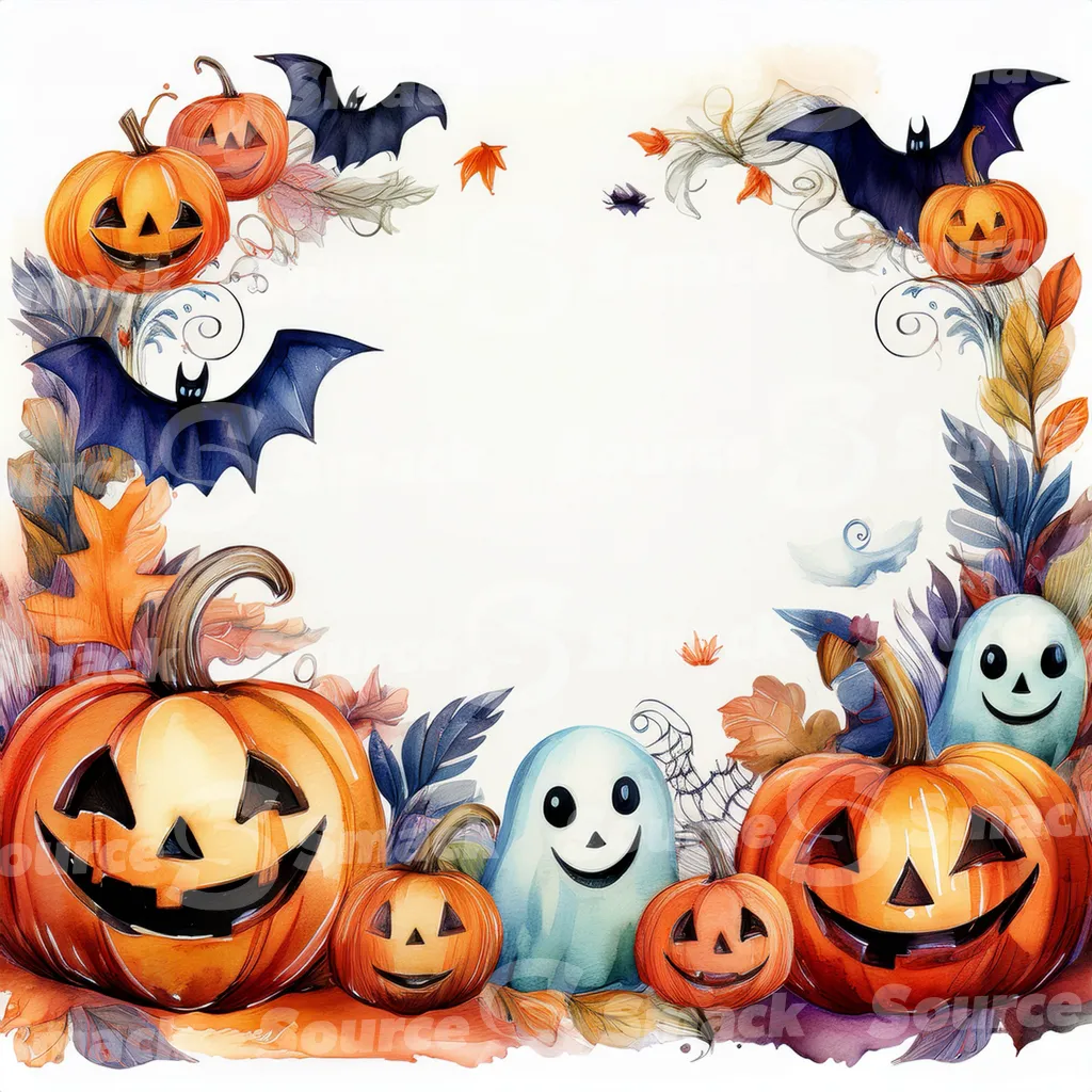 Halloween-themed illustration featuring smiling jack-o'-lanterns, friendly ghosts, and bats with copy space.