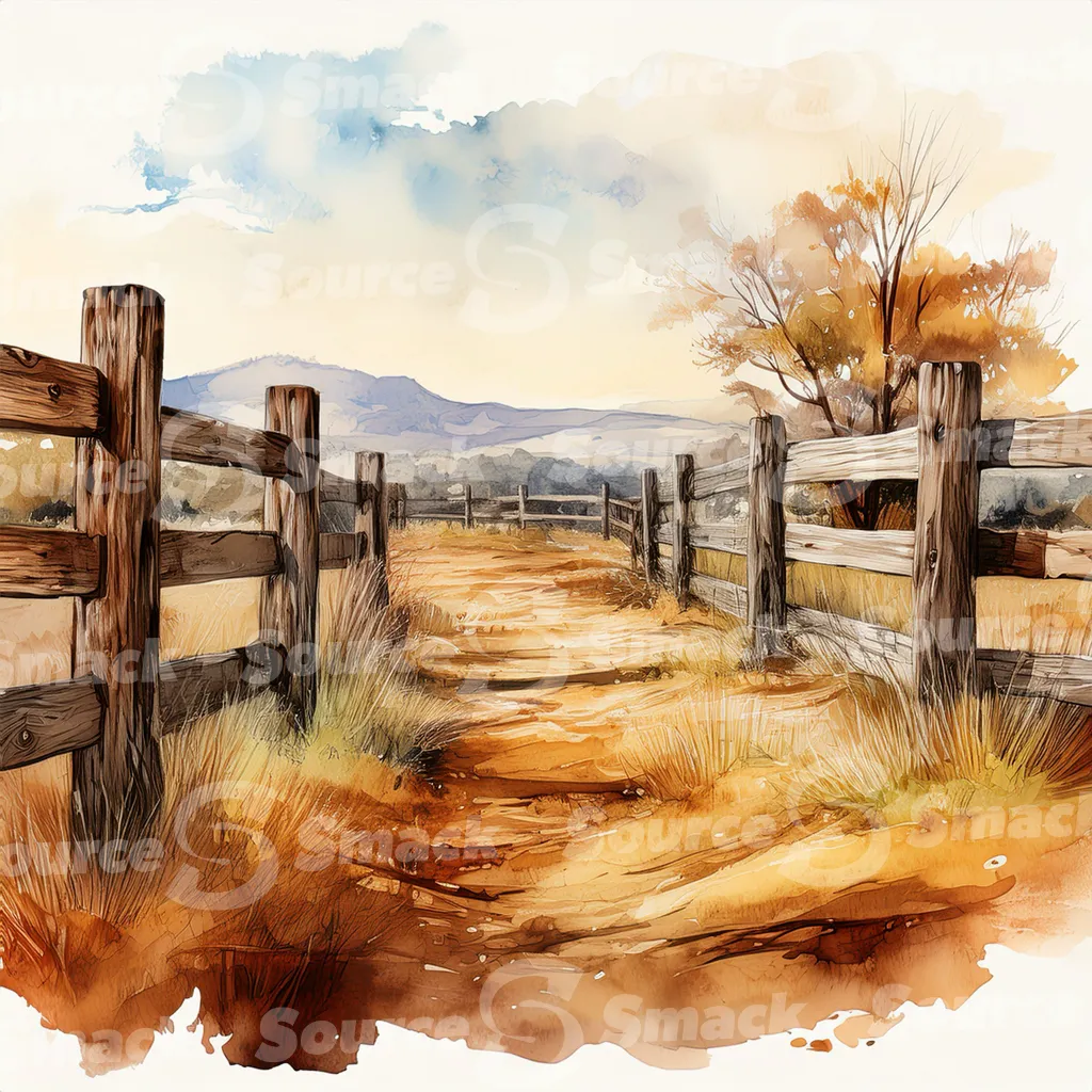 A dirt path winds through a grassy field, bordered by a weathered wooden fence with dark brown posts and horizontal planks with copy space