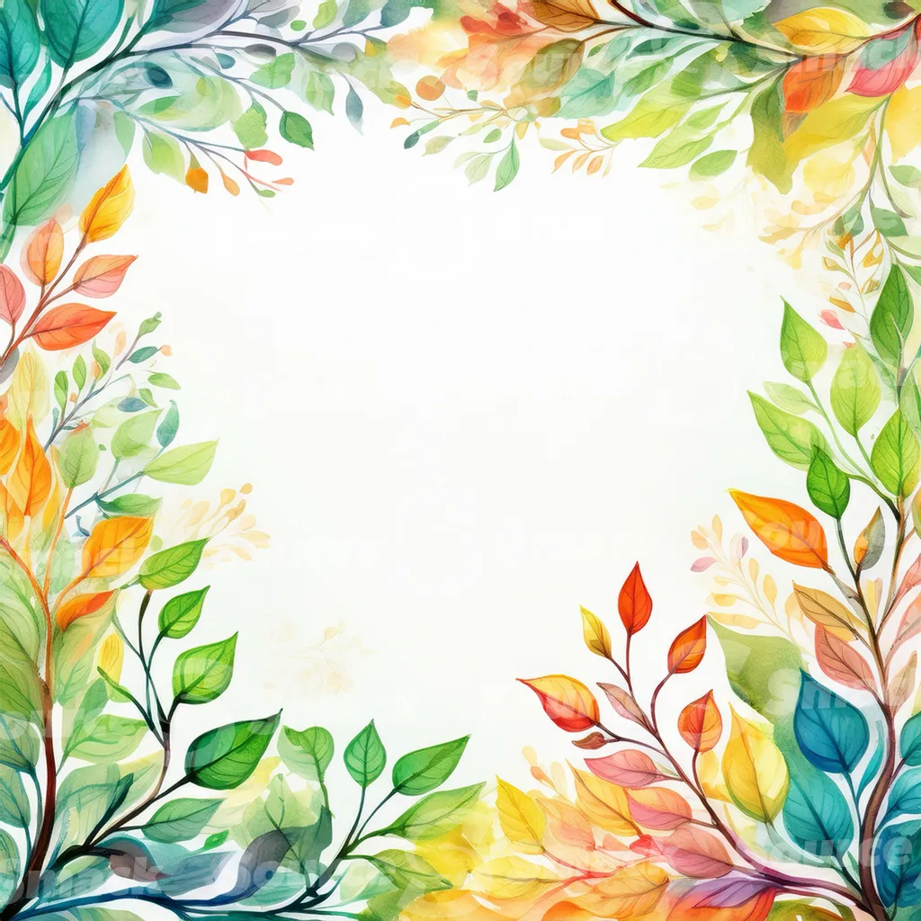 A watercolor-style illustration, featuring stylized tree branches and leaves in various shades of autumnal colors with copy space