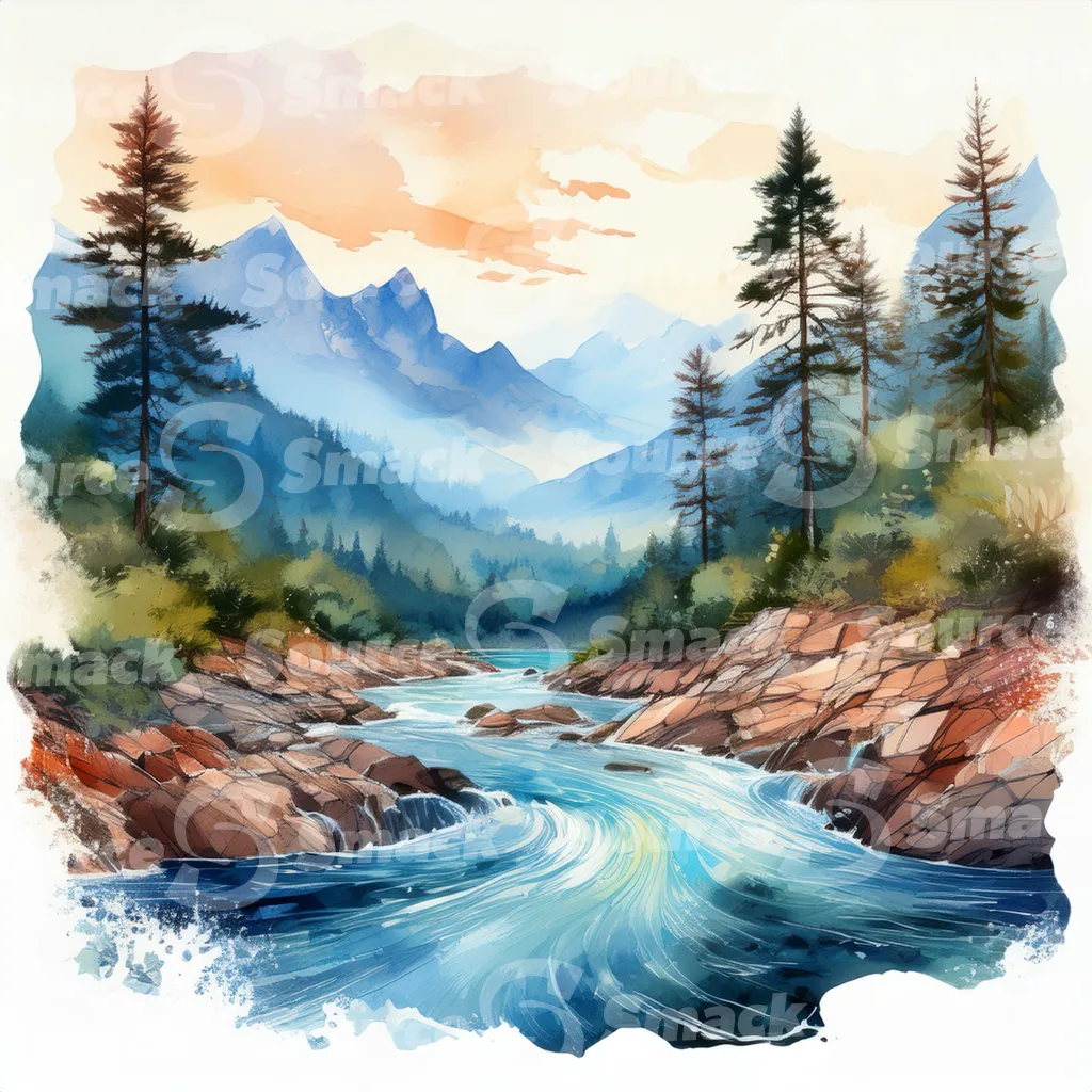 A serene watercolor painting depicts a meandering river flowing through a mountain valley at sunset, surrounded by lush evergreens and rocky banks