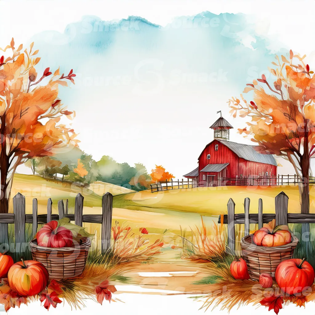 Rustic barn in autumn with a wood fence and pumpkins