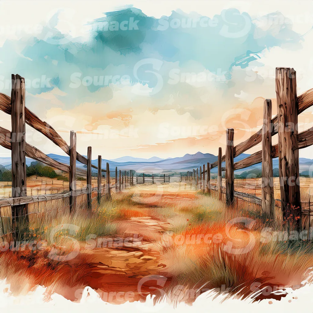 A dirt path winds through a grassy field, bordered by a weathered wooden fence with dark brown posts and horizontal planks with copy space