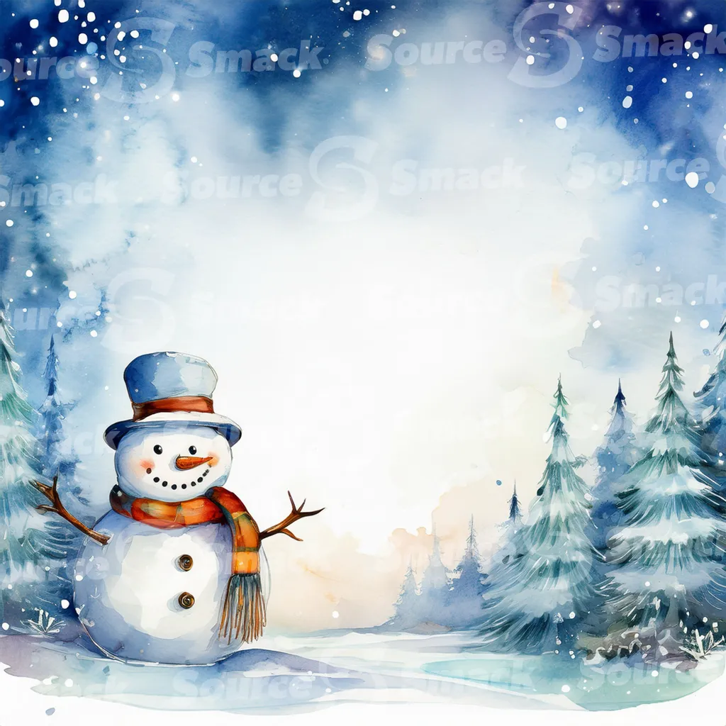 A watercolor painting depicting a cute snowman in winter scene with an assortment of seasonal elements with copy space