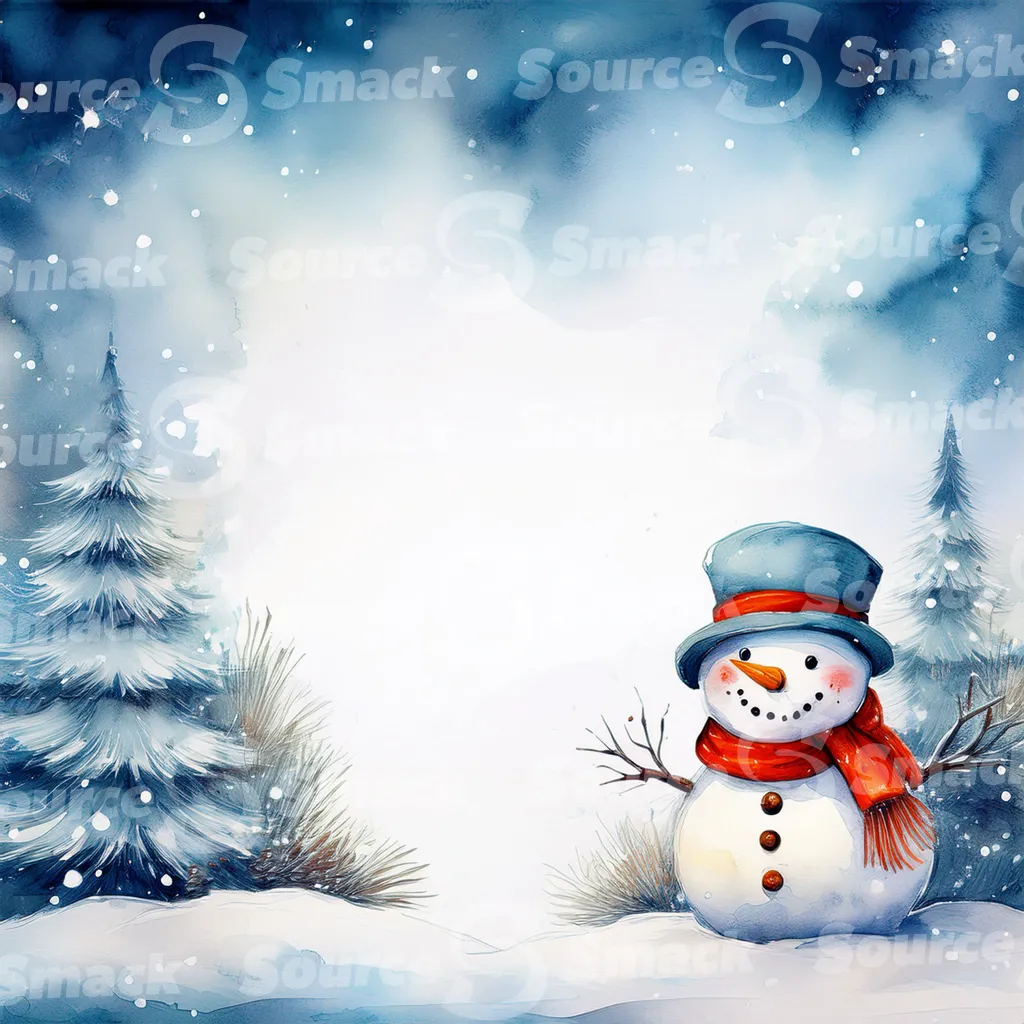 A watercolor painting depicting a cute snowman in winter scene with an assortment of seasonal elements with copy space