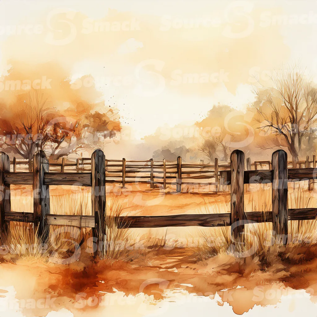 A dirt path winds through a grassy field, bordered by a weathered wooden fence with dark brown posts and horizontal planks with copy space