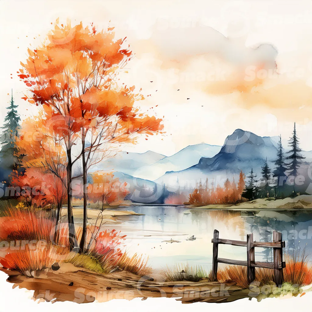 A serene watercolor painting depicts a tranquil autumnal lake scene nestled amidst colorful foliage and mountains, viewed from behind a rustic wooden fence with copy space