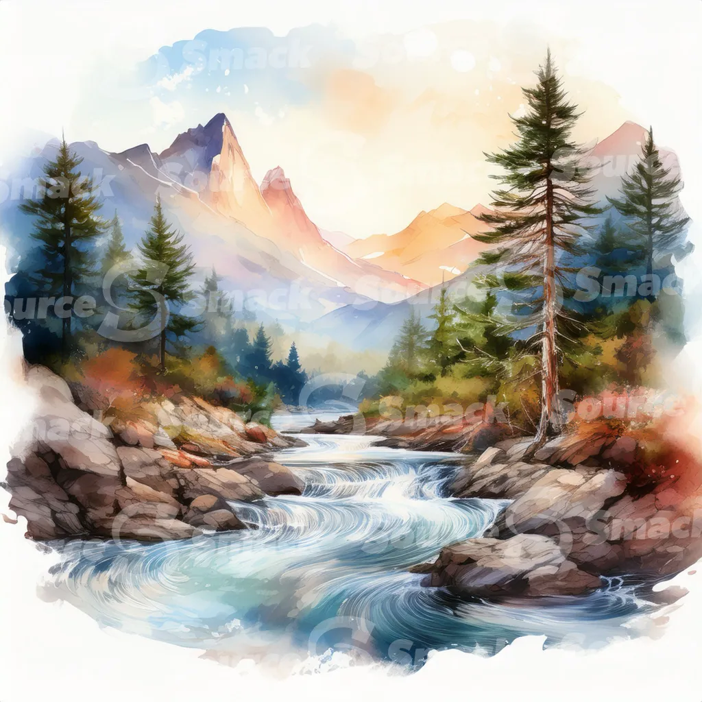 A serene watercolor painting depicts a meandering river flowing through a mountain valley at sunset, surrounded by lush evergreens and rocky banks