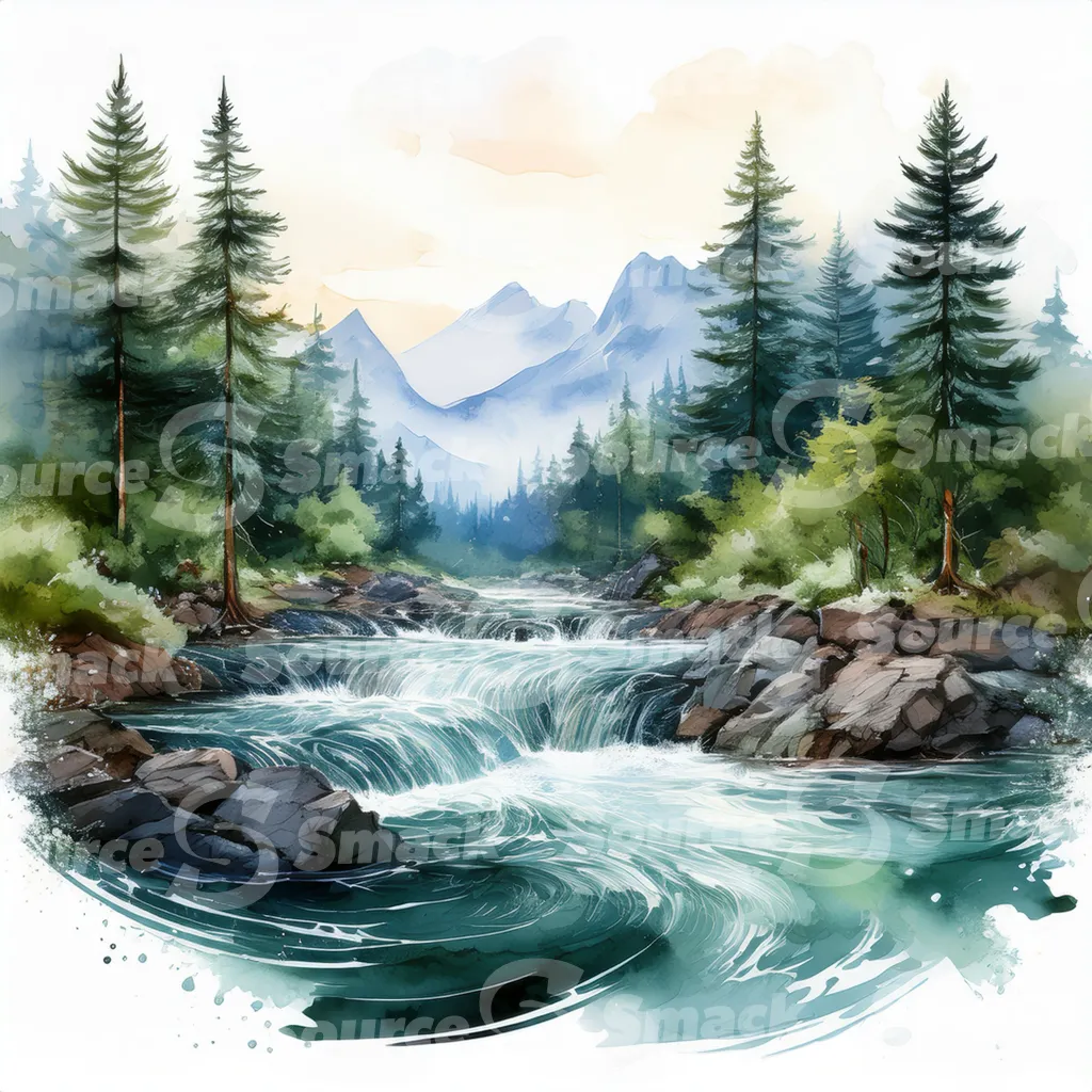 A serene watercolor painting depicts a meandering river flowing through a mountain valley at sunset, surrounded by lush evergreens and rocky banks