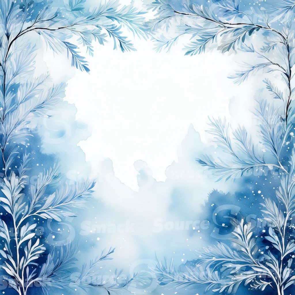 A winter forest scene of snow. Small, frosted bushes and branches are scattered across the snow with copy space.