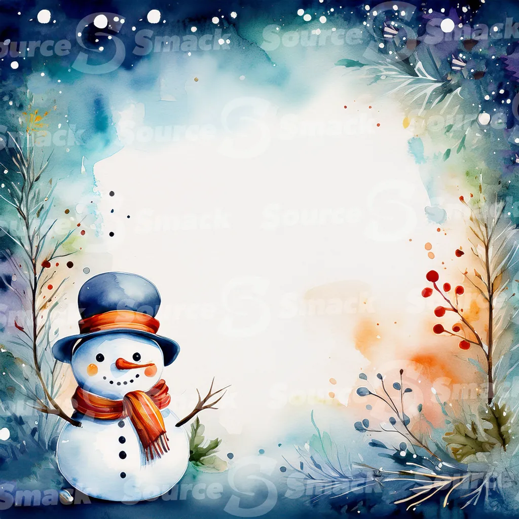A watercolor painting depicting a cute snowman in winter scene with an assortment of seasonal elements with copy space