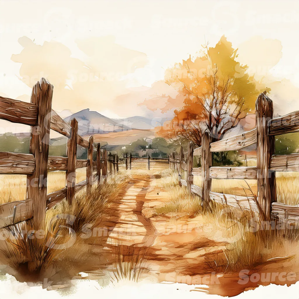 A dirt path winds through a grassy field, bordered by a weathered wooden fence with dark brown posts and horizontal planks with copy space