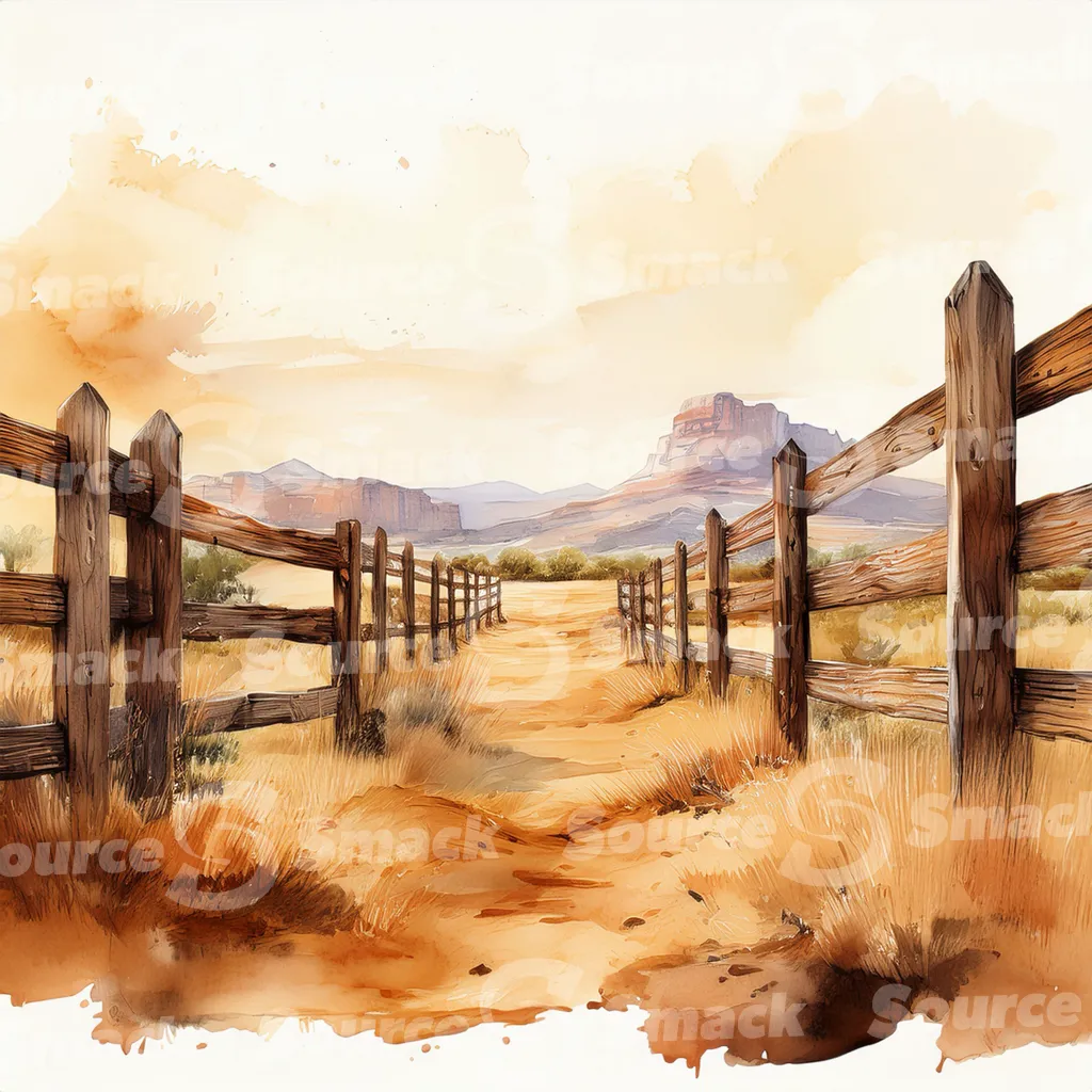 A dirt path winds through a grassy field, bordered by a weathered wooden fence with dark brown posts and horizontal planks with copy space