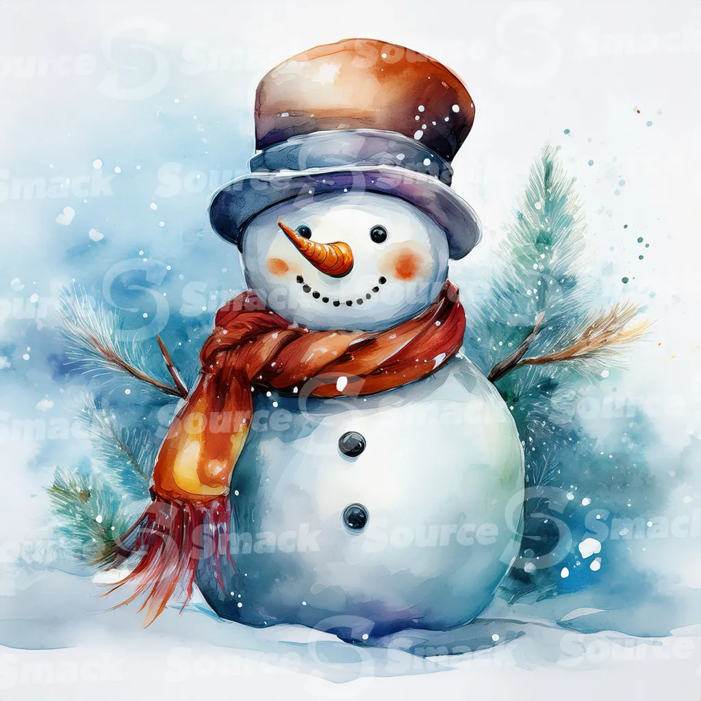 A painting of a cute snowman against stylized pine branches and delicate spots of watercolor paint that create a snowy background.